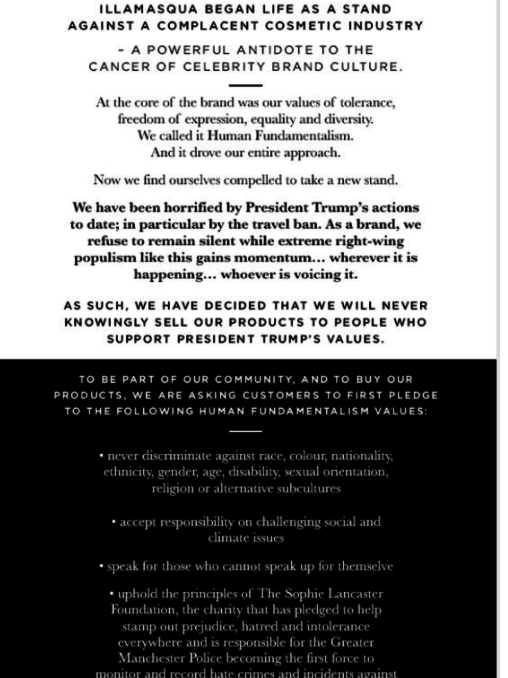 "We have decided that we will never knowingly sell our products to people who support President Trump's values," the company said in a statement.