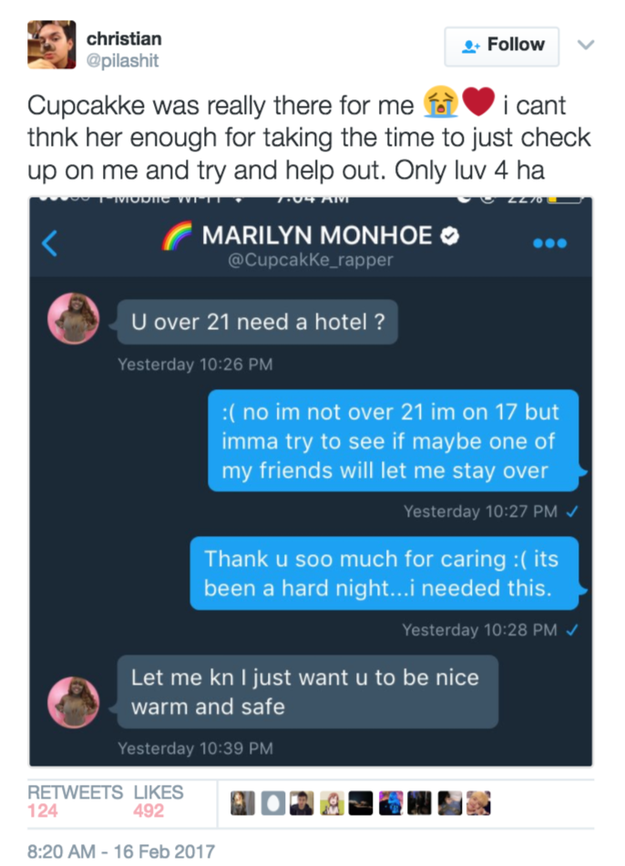 Cupcakke then sent some follow-up messages to make sure that the teen ended up somewhere safe for the night.