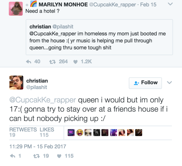 Cupcakke didn't hesitate to get back to Christian, asking if he had a place to stay for the night and even offering to pay for a hotel room.