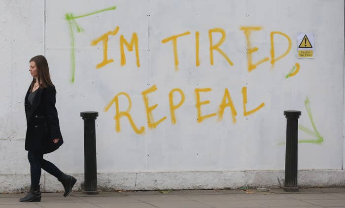 Graffiti on Pearse Street in Dublin, calling for a referendum to repeal the eighth amendment of the constitution of Ireland.