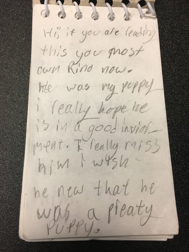 "I really hope he is in a good environment. I really miss him," the child wrote in a spiral notebook that was given to the shelter when the family dropped off the boxer.