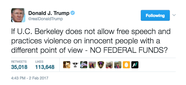 Trump threatened to withdraw the funds if the university "does not allow free speech and practices violence on innocent people with a different point of view."