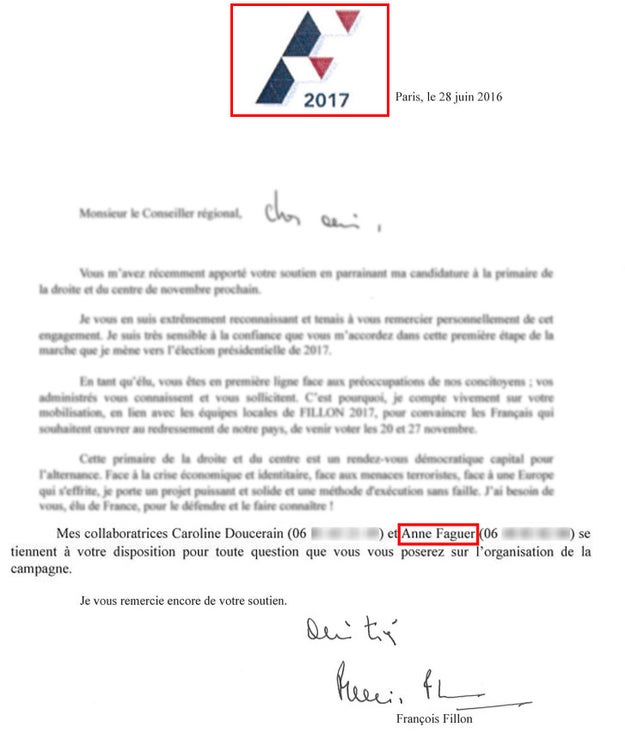 This letter dated June 28, 2016, bearing the logo of François Fillon's campaign, directly refers to Anne Faguer as one of two "collaborators" to contact "for any questions (...) about the organization of the campaign."