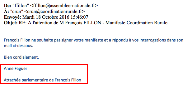 And here's an email signed Faguer, sent from François Fillon's parliamentary email address. It mentions a manifesto that Coordination Rurale — a French agricultural union — submitted to the right-wing primary election candidates, and not to MPs.