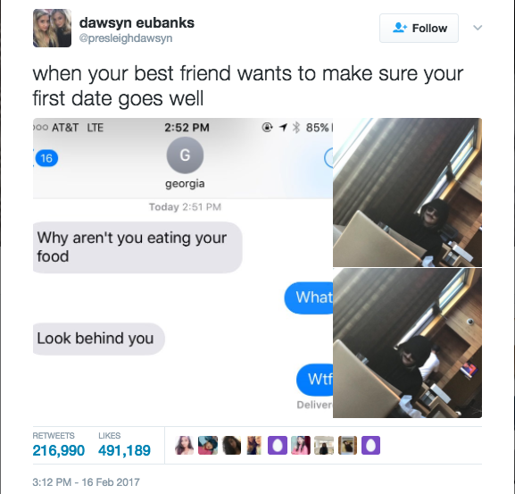 Last week, Dawsyn Eubanks, a 19-year-old from Dallas, Texas, tweeted out photos of her friend Georgia Hoyer, 18, apparently hiding out in a restaurant spying on Eubanks while she was on a date.