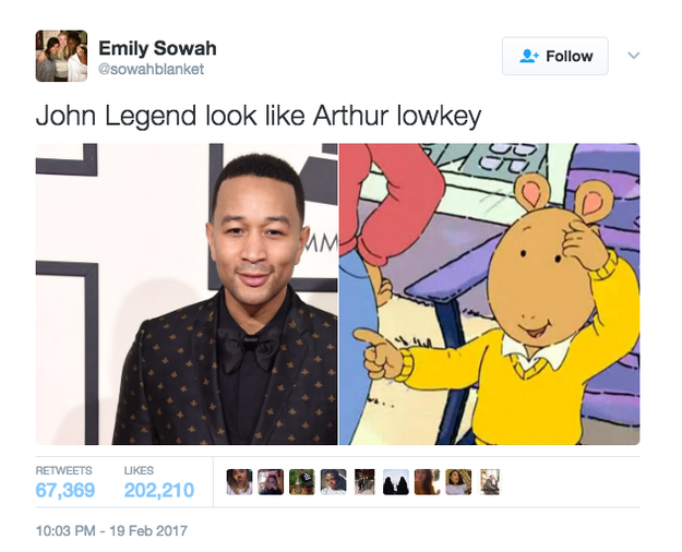 Over the weekend, Twitter user @sowahblanket tweeted a side-by-side photo of Legend and Arthur and claimed they look alike. The tweet became viral gold.