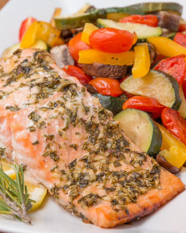 salmon on a plate with vegetables