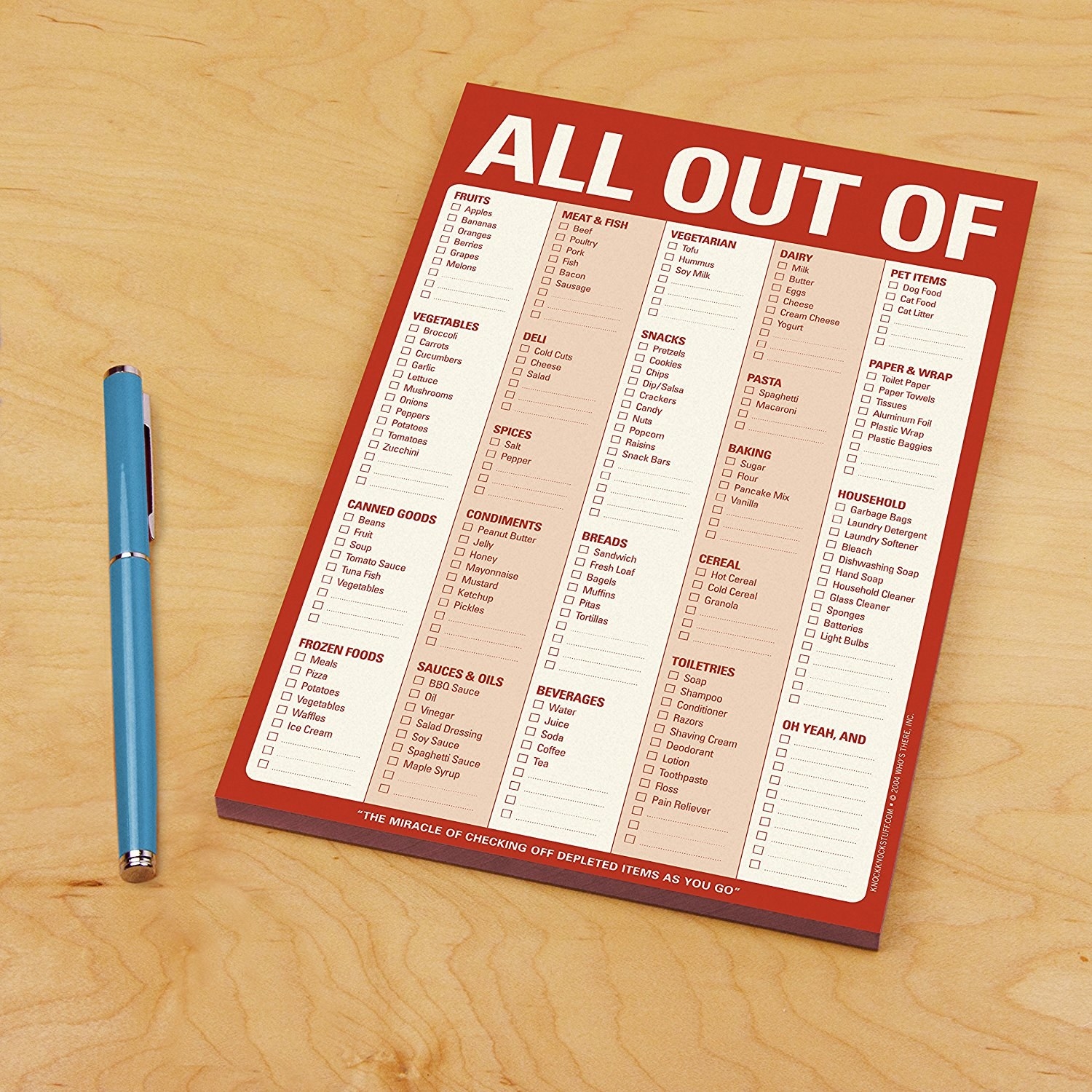grocery list notepad that says all out of