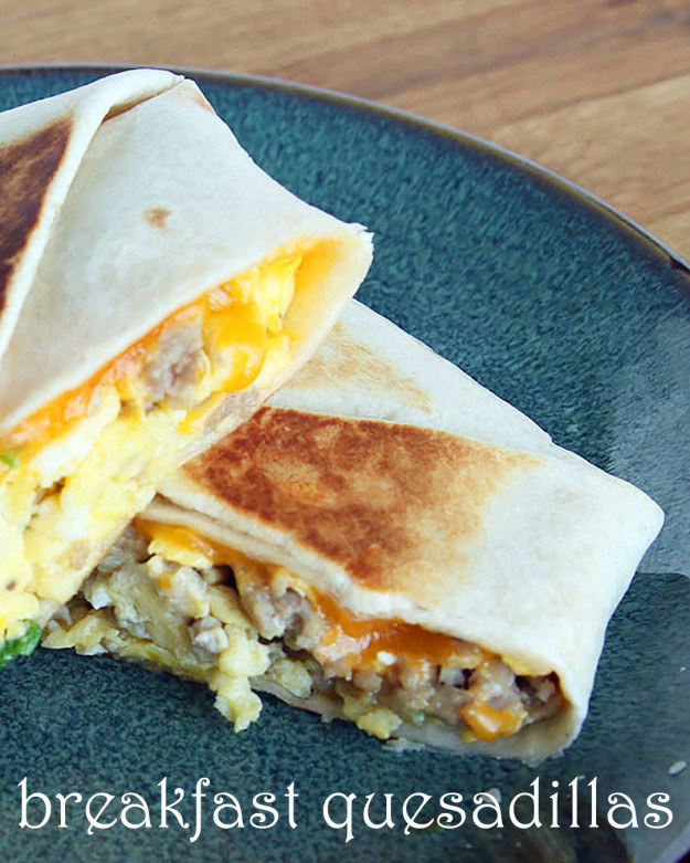 breakfast quesadilla with cheese eggs and sausage seen inside