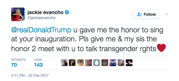 "u gave me the honor to sing at your inauguration. Pls give me &amp; my sis the honor 2 meet with u to talk transgender rghts ❤️," the 16-year-old singer tweeted.