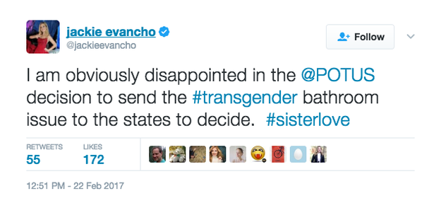 Evancho added she was disappointed by the president's decision, adding the hashtag #sisterlove.