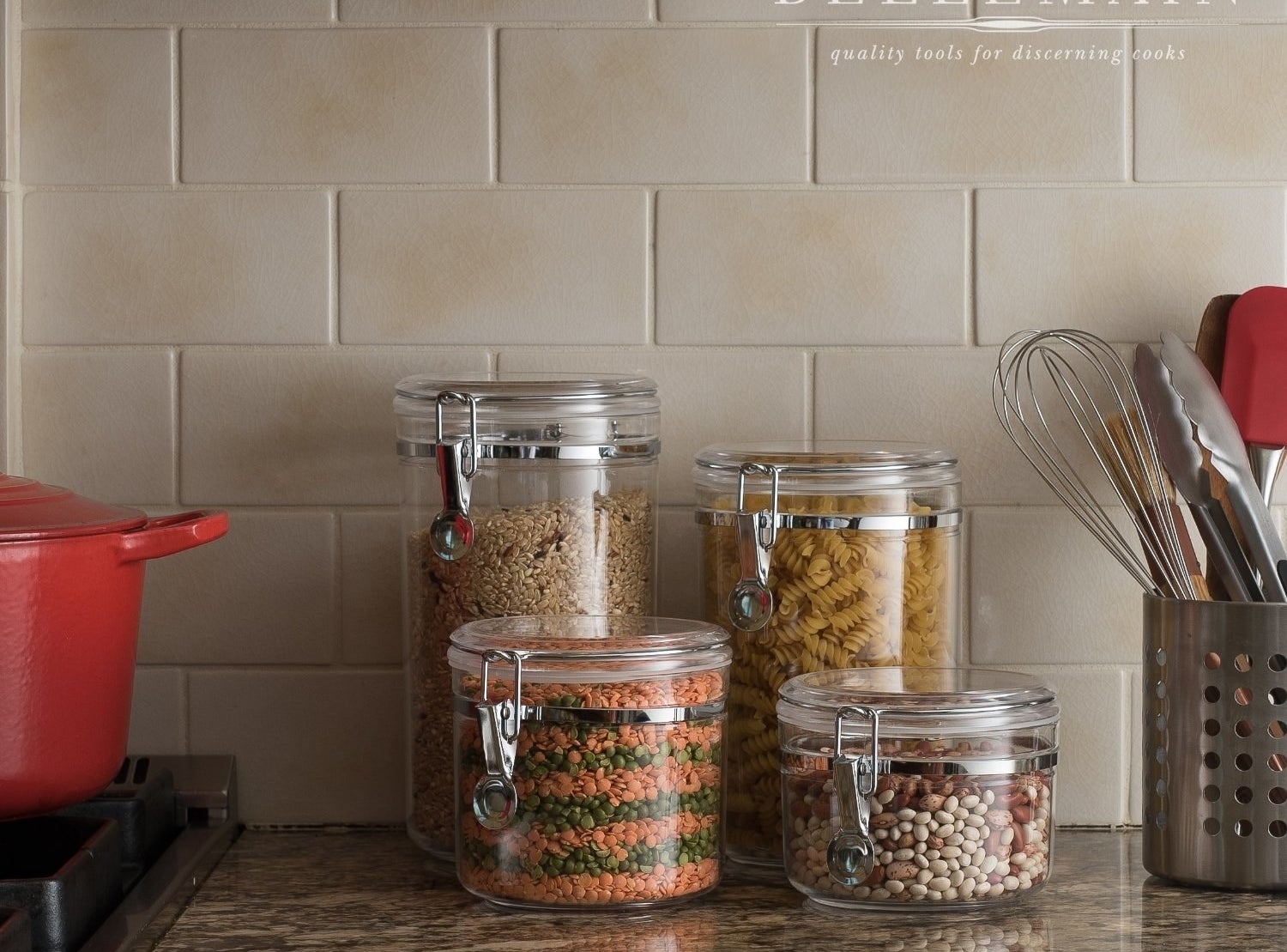 clear food storage jars on a kitchen counter