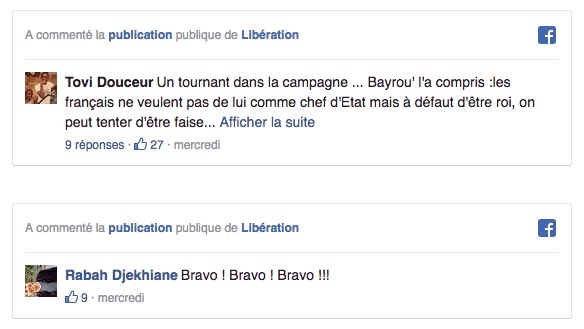 Sur la page Libération, l'article parlant de l'alliance entre Bayrou et Macron a fait l'objet de 72 commentaires. Le site en liste deux qui sont positifs pour Emmanuel Macron.