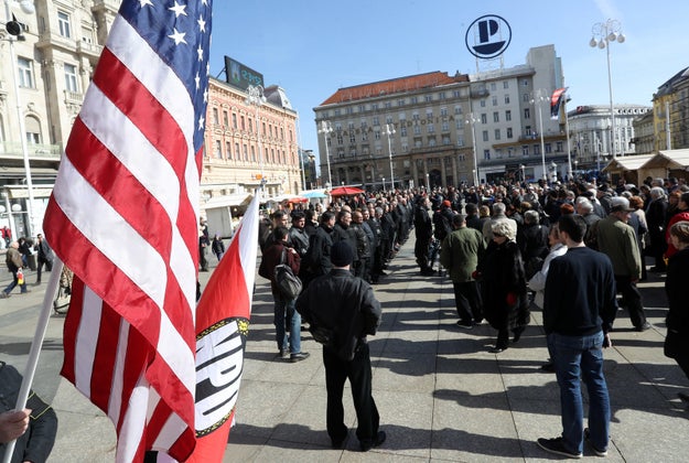 Alongside the US flag, the group also carried both the Croatian flag and the flag of the Nationaldemokratische Partei Deutschland (NDP), a party that German states have tried to ban for its similarity to the actual Nazi Party.