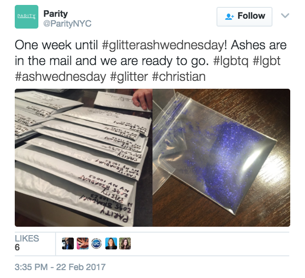 Parity, a New York-based advocacy group which works to help people reconcile faith and LGBT identity, is mixing traditional ashes with purple glitter this year in a show of solidarity with LGBT Christians — and they're encouraging congregations all over to do the same.