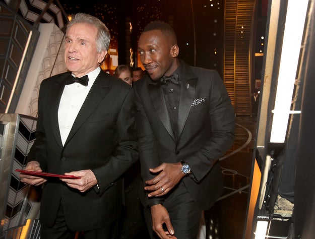 Warren Beatty and Mahershala Ali after the Best Picture win reversal.
