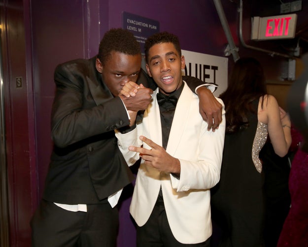 Ashton Sanders and Jharrel Jerome, who play teenage versions of Chiron and Kevin in Moonlight, celebrate.