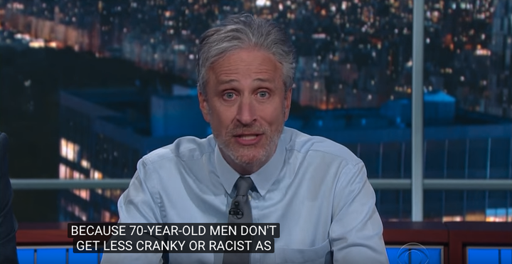 "Yeah, how'd that work out?" Stewart added. "It didn't. And you know why? Because 70-year-old men don't get less cranky or racist as time goes by. Unless they happen to be visited by three spirits in the night."