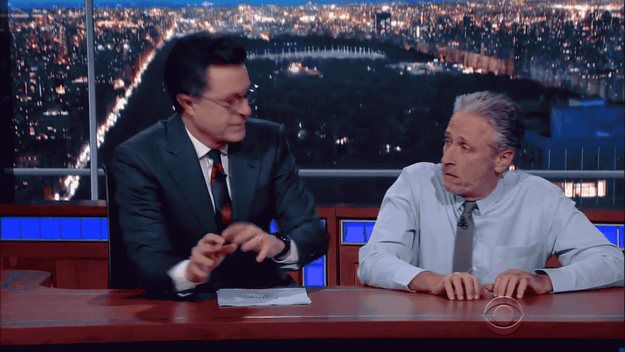 Jon Stewart made a surprise visit to see his pal Stephen Colbert on The Late Show and slammed the media for obsessing over Donald Trump — especially given the fact that the president repeatedly makes false statements.