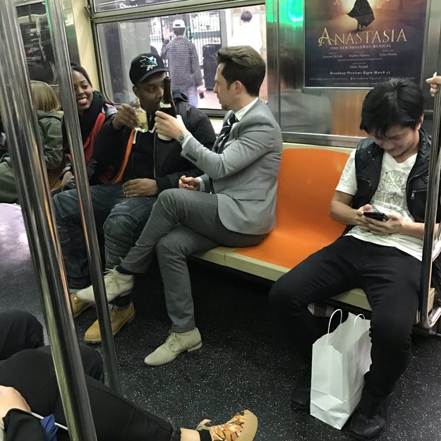 Then, Hagerty witnessed another man retrieve an empty liquor container on the subway floor, and watched as the first guy poured what looked like sparkling wine or champagne into the second guy's empty bottle — that, again, was found seconds ago on the subway. The two strangers clinked glasses and shared the bottle of alcohol.