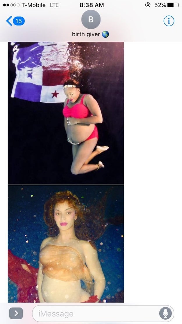 And it just so happened that a little over a month later, one Beyoncé Giselle Knowles-Carter also released underwater pregnancy photos via her website. (HMMMM.) Harris said when Beyoncé's photos came out on Thursday, she immediately got a text from her mom.