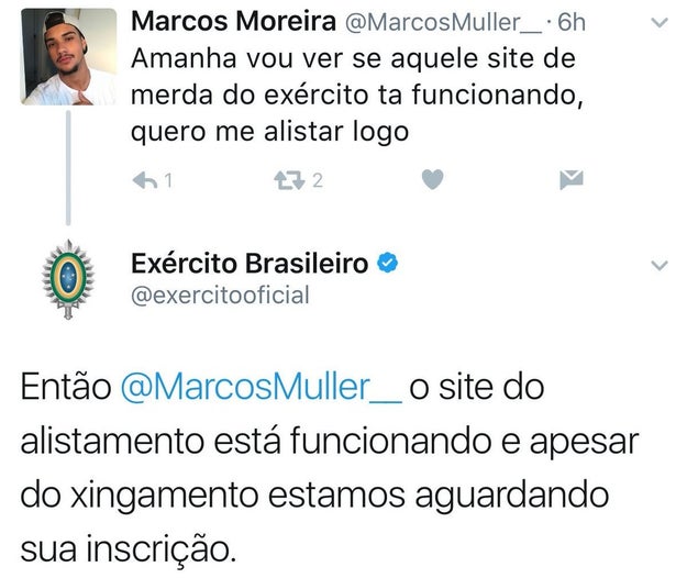 O Marcos estava casualmente em seu Twitter reclamando da vida quando escolheu xingar o site do Exército Brasileiro. O que ele talvez não esperava é que receber uma resposta e um puxão de orelha.