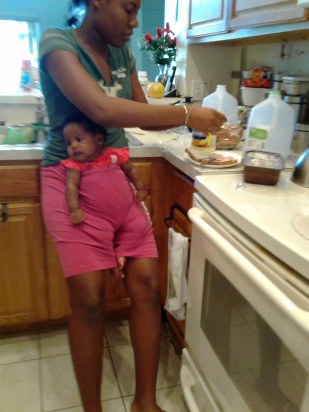 J'Ann was hungry and wanted to make a sandwich, but she didn't want to let Ava out of her sight. But because J'Ann was babysitting at her own house — rather than at Claudia's house which was baby-proofed and fitted with a highchair — she had to think fast.