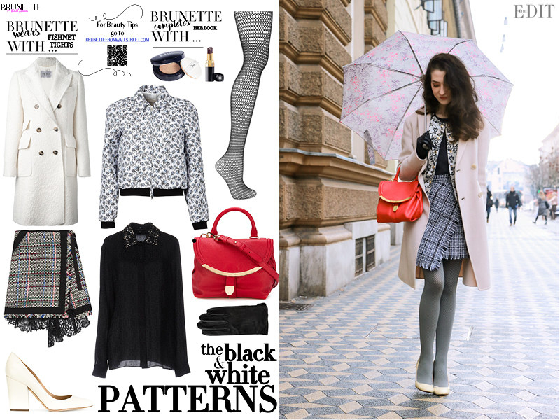 Fashion blogger Veronika Lipar of BrunetteFrom Wall Street sharing how to wear different patterns in one outfit on a rainy day in Ljubljana