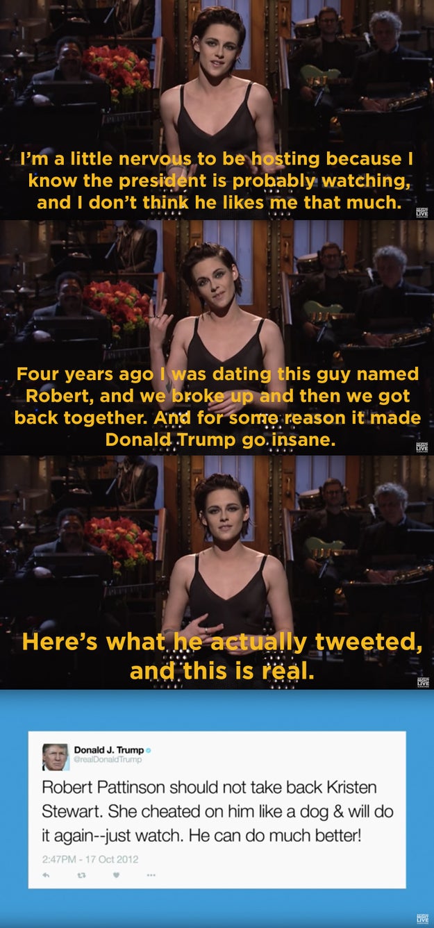 Kristen Stewart hosted Saturday Night Live last night, and although she spent a lot of her monologue making fun of Donald Trump for all of his Twilight tweets...