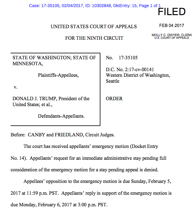 Read the order denying the immediate stay request: