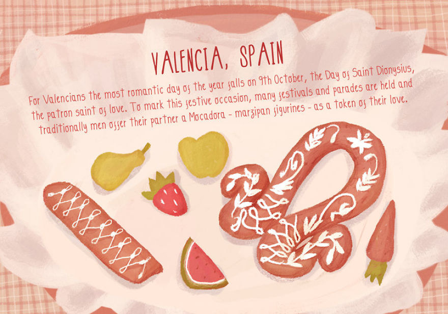 he 9 de octubre celebrates the Region of Valencia Day, but also the feast of San Dionisio, traditionally considered the saint patron of lovers. During this day as custom marks, men gives their sweethearts a silk scarf which has inside a delicious assortment of sweet marzipan