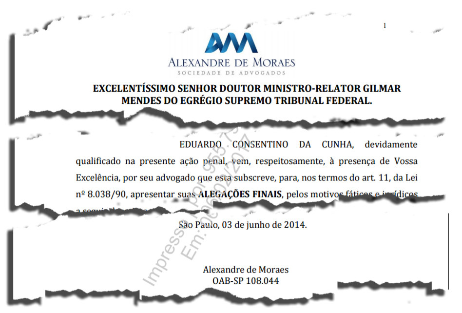 Trecho da defesa de Eduardo Cunha feita por Alexandre de Moraes no STF
