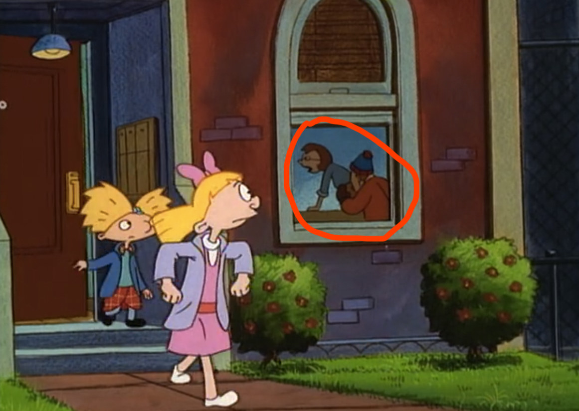 Helga and Arnold leaving the house and in the window you can see Joy bent over with her mouth open as Peter stands beside her with his hand on her hips. 