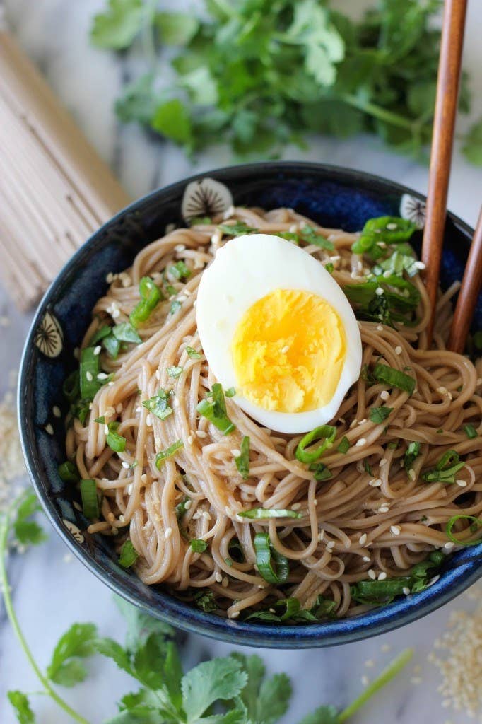 Soba noodles are made from buckwheat flour and contain 6 grams of protein per serving. This recipe ups amps that up even more by adding a hardboiled egg on top. Recipe here.