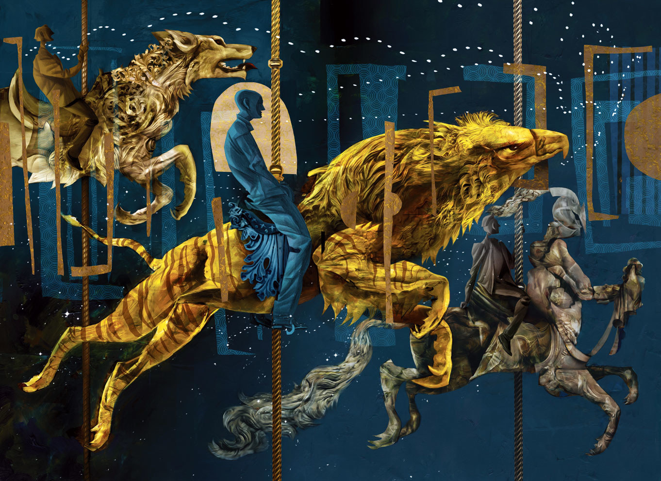 "He climbed on the back of a creature with an eagle’s head and the body of a tiger, and held on tight."