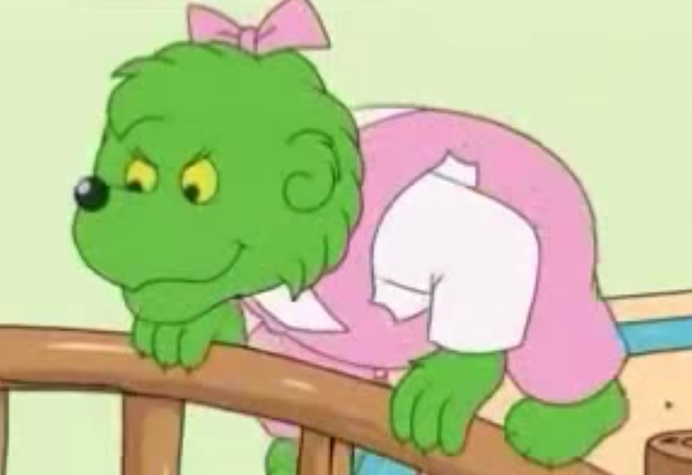 When Sister Bear sees a green-eyed monster version of herself on the Berenstain Bears.