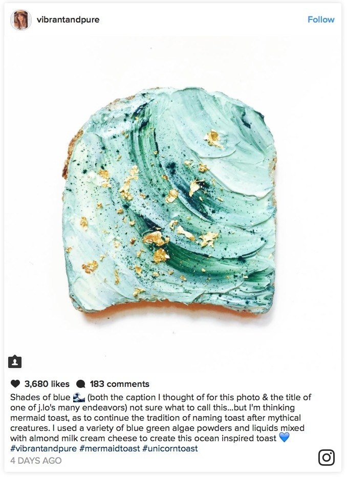 Waugh mixes blue green algae powders and liquids with almond milk cream cheese as a spread to achieve the most picturesque of foods to have ever graced the planet.
