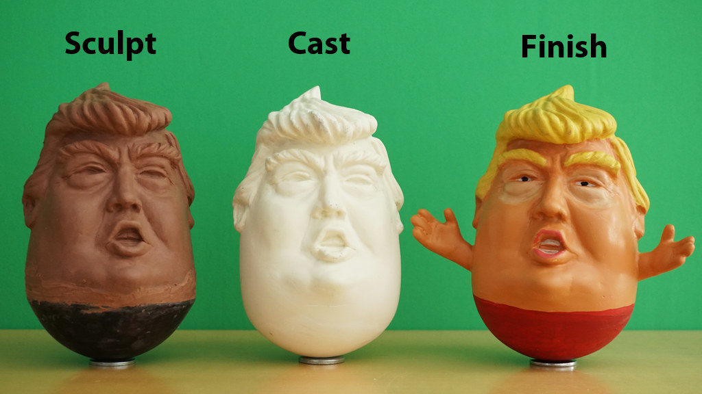 Humpty Trumpty started as a sculpt without hands, a cast was made and then the finished talking doll in all his glory.