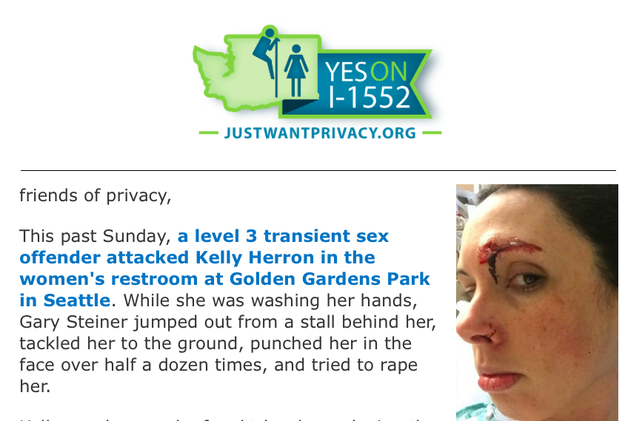 The email from Just Want Privacy said, "Each week yields new stories of deviant men who found ways to access female's vulnerable spaces in order to exploit them."