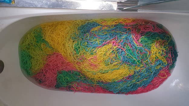 Brandon said it took Patricia about three hours to cook the eight batches of spaghetti. "The coloring just required the already-cooked noodles to sit in a gallon Ziploc with water and food coloring," he added.