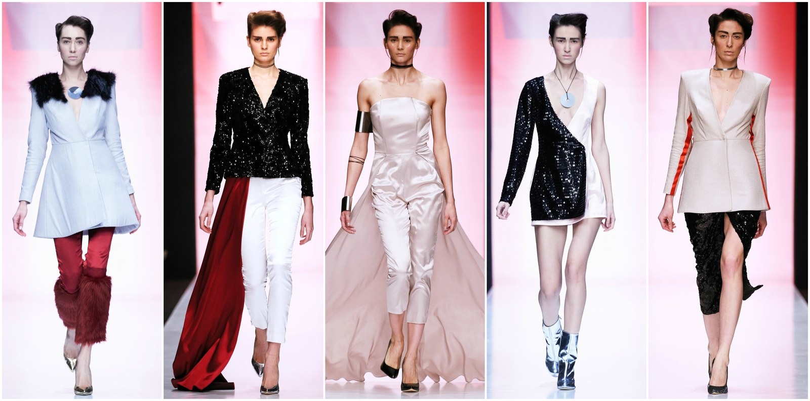 "The Devil is a Woman" indeed. At least that is the what Russian-Georgian designer Beso Turazashvili behind Portnoy Beso named his collection. Reminiscent of The Devils Advocate with a background track Alfred Hitchcock would be envious of, the suspense filled show embodied seduction and luxury. Bustiers, sequins and even a bomber jacket brought out a feeling of temptation and thrill throughout the show. Black and nude tones with pops of deep scarlet played up the devilish theme. Set to the tunes of impetuous violins, She Wants Revenge and the Black Rebel Motorcycle Club the show was unlike any other. Watch below and get entranced into the thrilling world of Portnoy Beso.