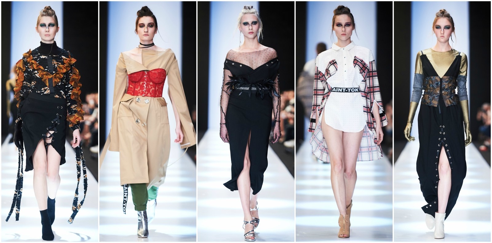 Yury Pitenin's highly anticipated Saint-Tokyo FW 2017 show set trends before it even began. Invitations came with a bold, black and white SAINT-TOKYO branded band that attendees wore which instantly caught fire on social media (can you say genius marketing?). However that wasn't the only surprise in store as the models didn't take the traditional route on the runway opting for a strategic pathway that had to be perfectly timed (watch below). Make up of smoky eyes and metallic add-ons created an air of mystery around the models. The Saint-Tokyo woman is not afraid to mix prints, wear asymmetrical skirts and layer corsets over dresses. She marches to the beat of her own drum in her puffy jacket, lace skirt and geometric silhouette.
