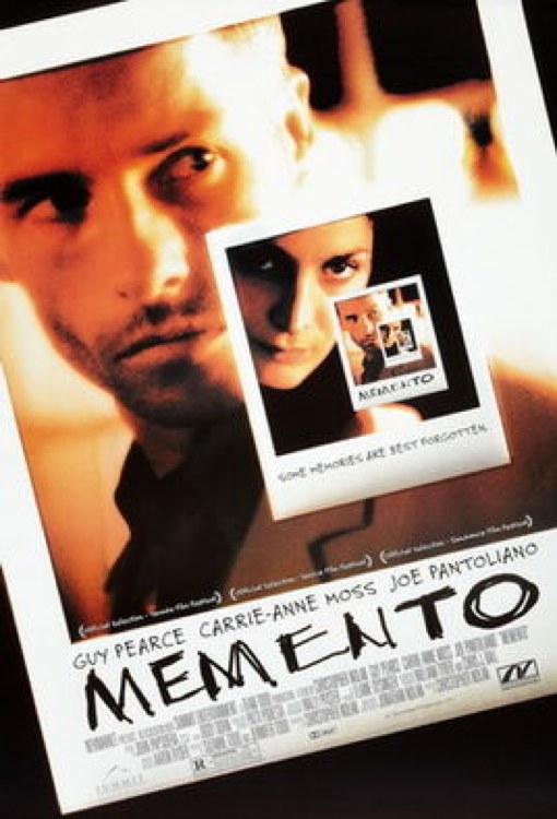 Memento chronicles two separate stories of Leonard, an ex-insurance investigator who can no longer build new memories, as he attempts to find the murderer of his wife, which is the last thing he remembers. One story line moves forward in time while the other tells the story backwards revealing more each time.