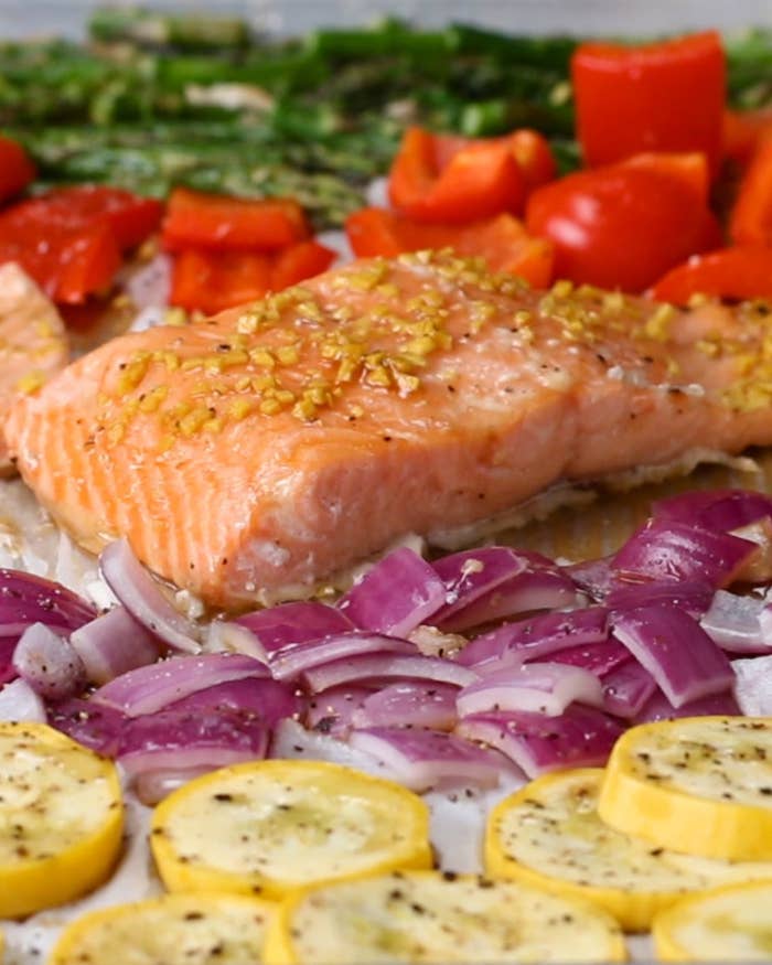 Eat The Rainbow With This One Pan Salmon And Rainbow Veggies