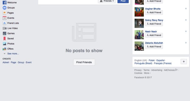 Here's my completely empty News Feed.