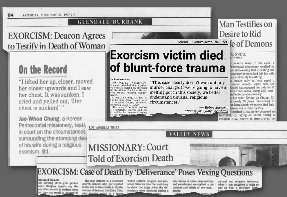 Recortes de cabeçalhos dos jornais da região de Los Angeles em 1997.