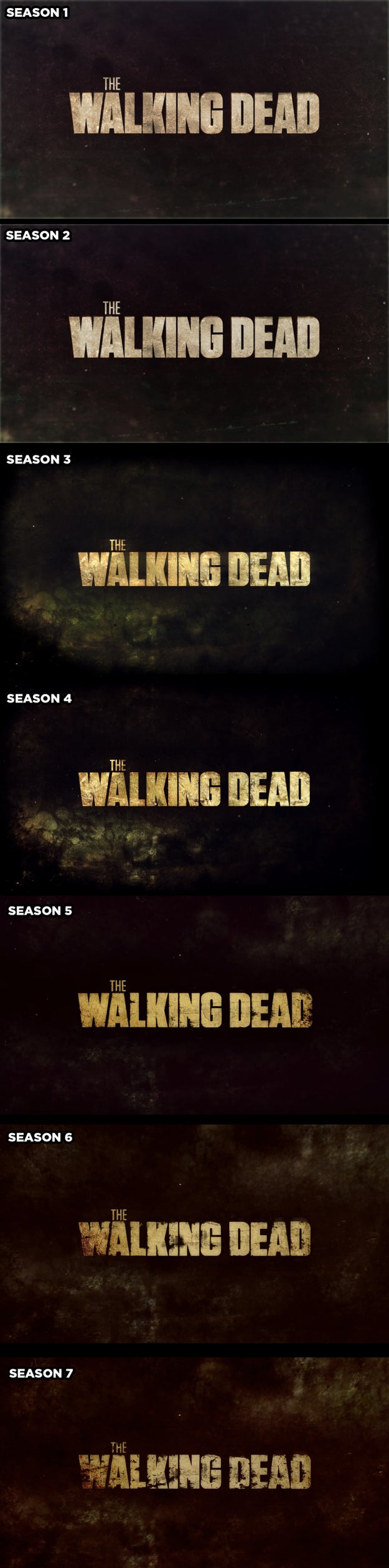 The title screen during the opening credits decays a little every season.
