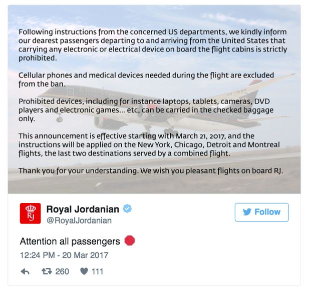 Here's the original, deleted Royal Jordanian tweet.