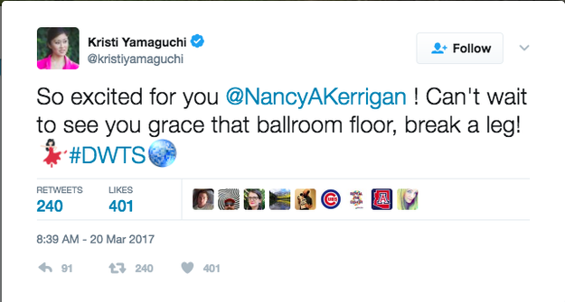 Fellow skater Kristi Yamaguchi wished her pal good luck in a tweet. "So excited for you @NancyAKerrigan! Can't wait to see you grace that ballroom floor, break a leg!" she wrote.