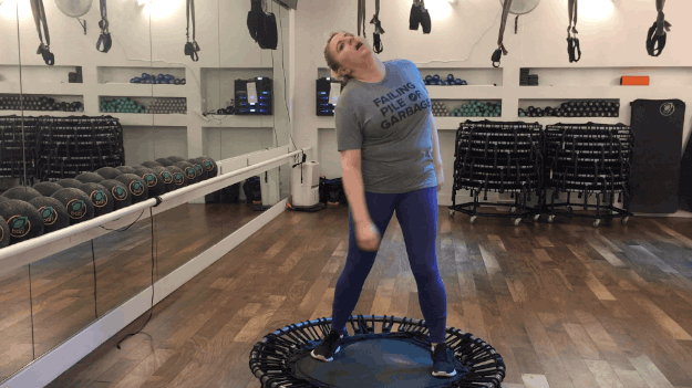 I headed to Bari, an exercise studio near my apartment. They have full-on trampoline exercise classes and were nice enough to offer up their space, in the name of ~scientific~ sports bra research.